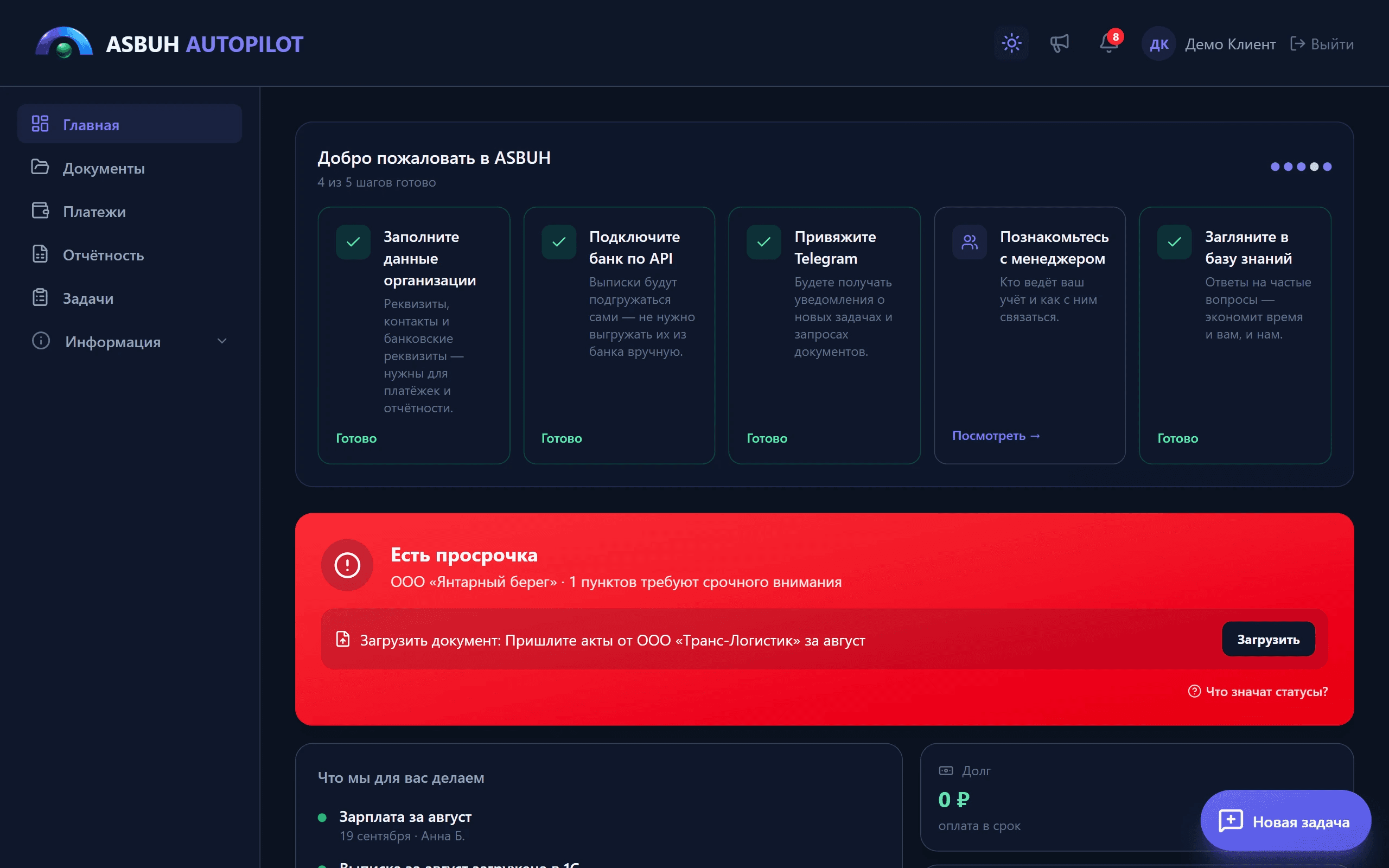 Главная клиентского кабинета ASBUH AutoPilot: шаги подключения, статус, работы за месяц, долг и ближайший срок